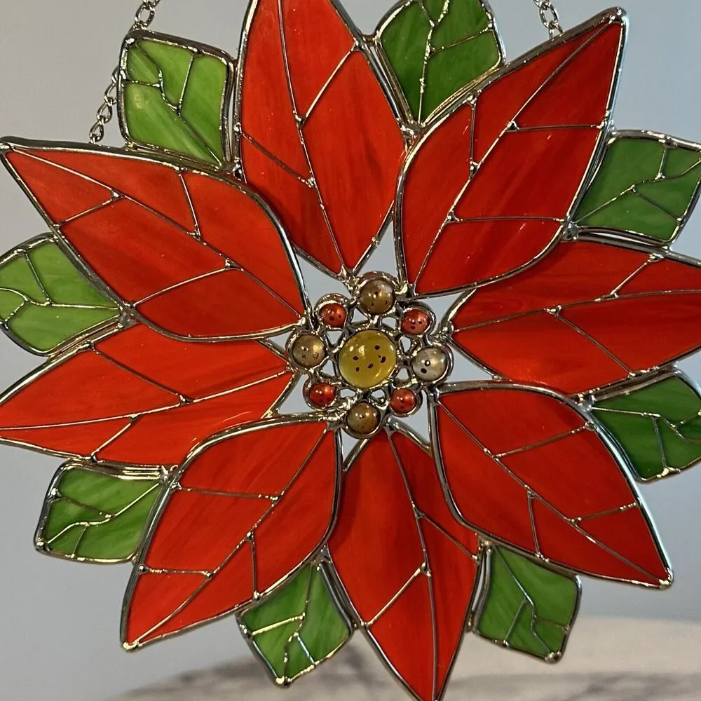 Stained‎ Glass Pointsettia Christmas Flower Wreath Door Window Decor Sun Catcher